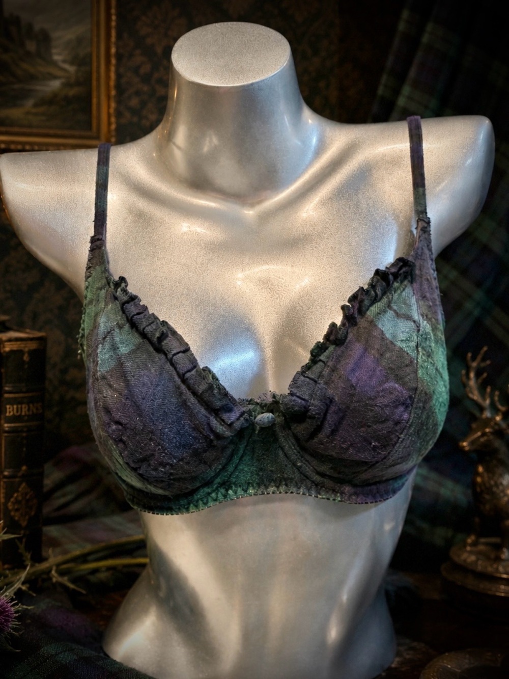 VINTAGE tartan plaid blackwatch cotton flannel bra 36C ruffle navy blue green